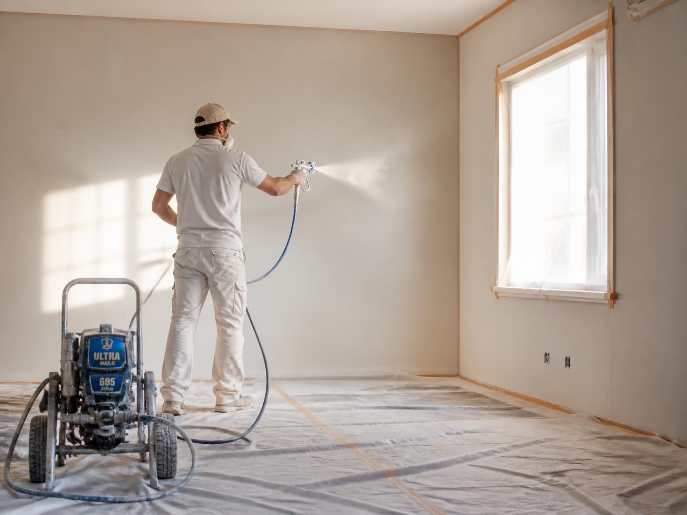Schilder brengt muurverf aan met een professionele spuitinstallatie in een leeg appartement